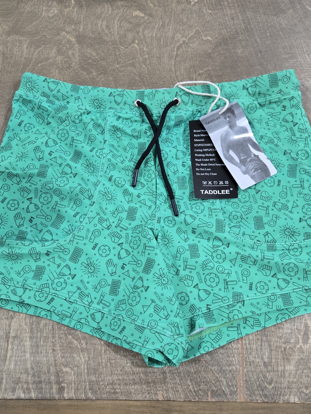NWT Taddlee Men's Green Soccer Printed Swim Trunks Drawstring SZ XL